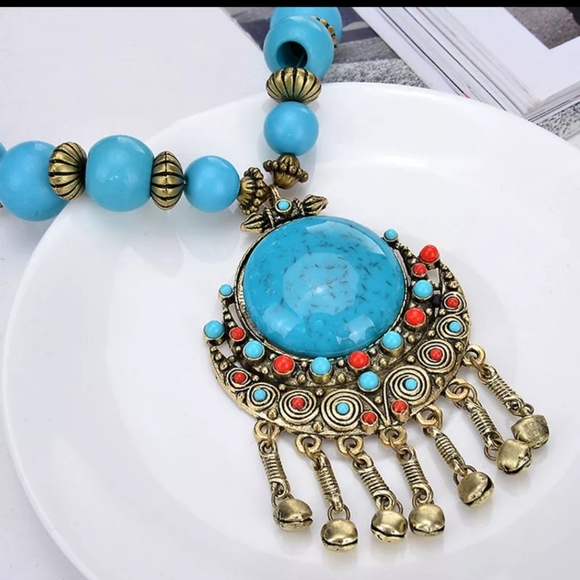 NWT Blue Bohemian boho Sweater Necklace - Picture 3 of 8